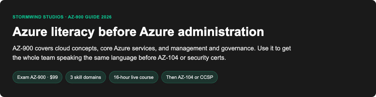 StormWind Studios AZ-900 guide 2026: Azure literacy before Azure administration