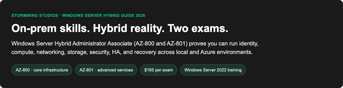 StormWind Studios Windows Server hybrid guide 2026: on-prem skills, hybrid reality, AZ-800 and AZ-801