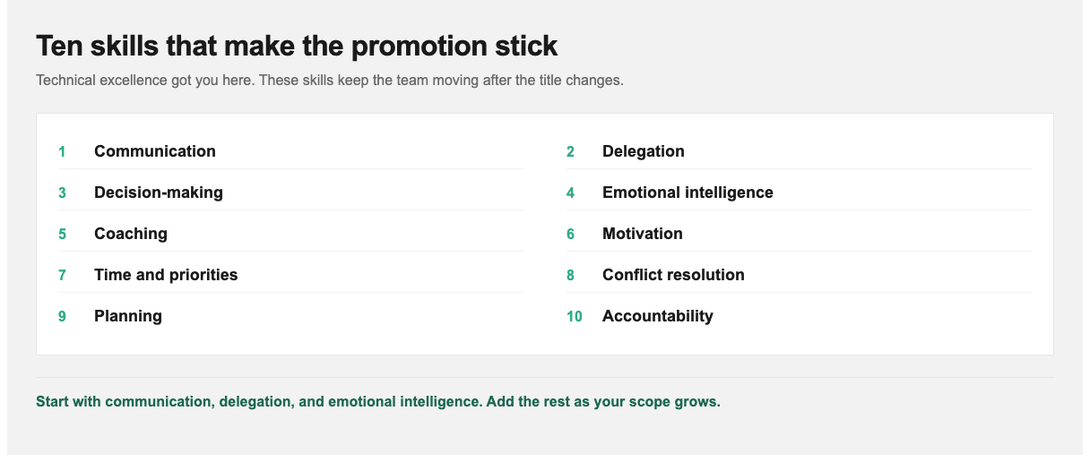 Ten essential management skills grouped for new managers, mid-level, and senior leaders