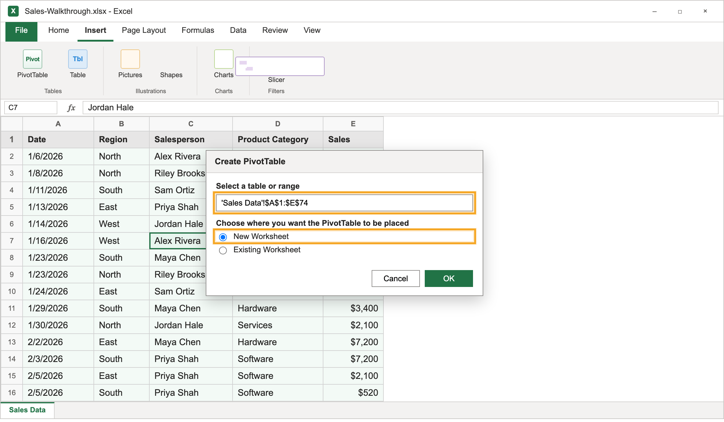 Excel Create PivotTable dialog showing the detected data range with New Worksheet selected