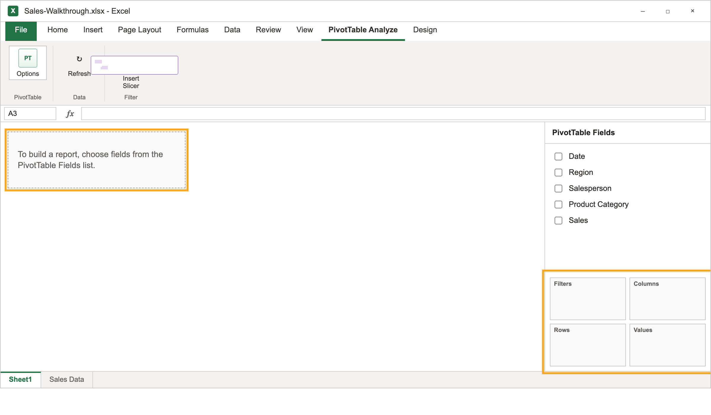 Empty Excel pivot table with the PivotTable Fields pane listing all column headers and four empty area boxes