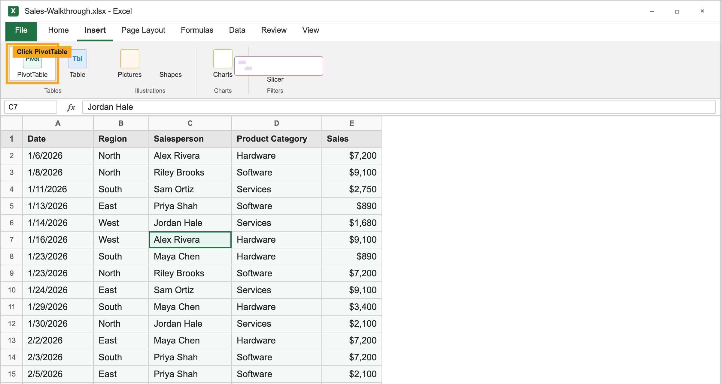 Excel Insert tab with the PivotTable button highlighted in the ribbon