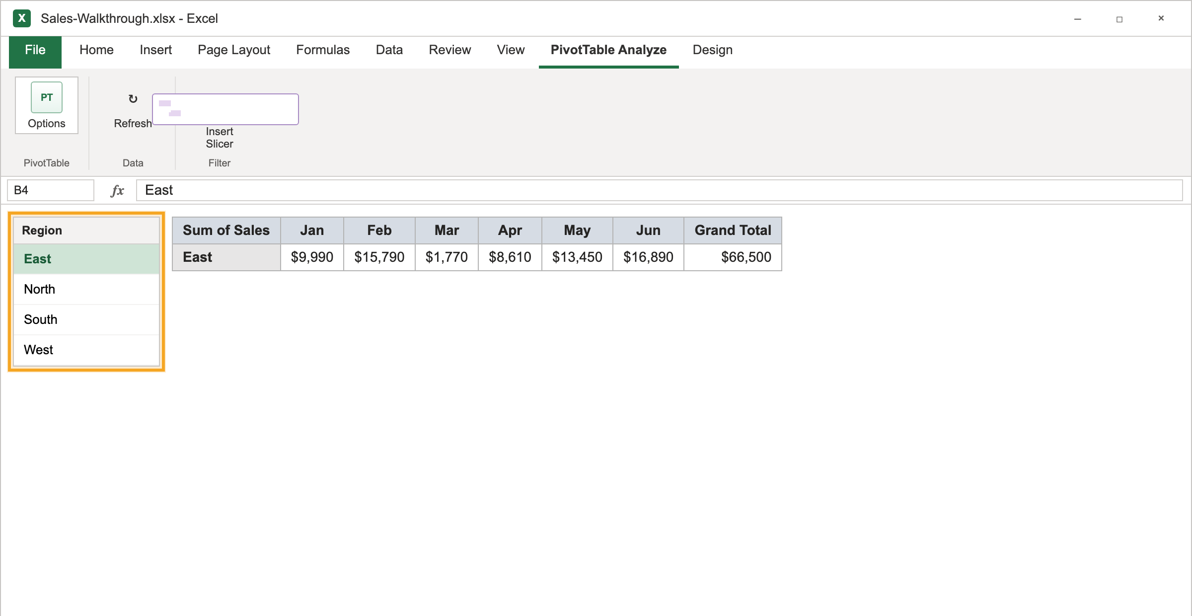 Excel pivot table with a Region slicer inserted, filtering the summary to one region