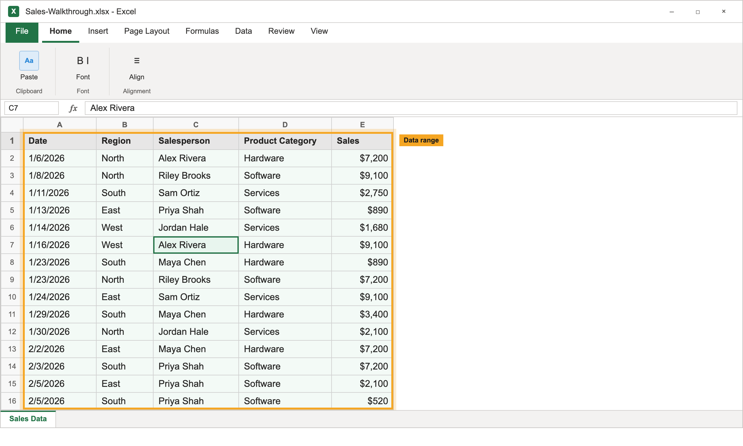 Excel sales data table with a single cell selected inside the data range before inserting a pivot table