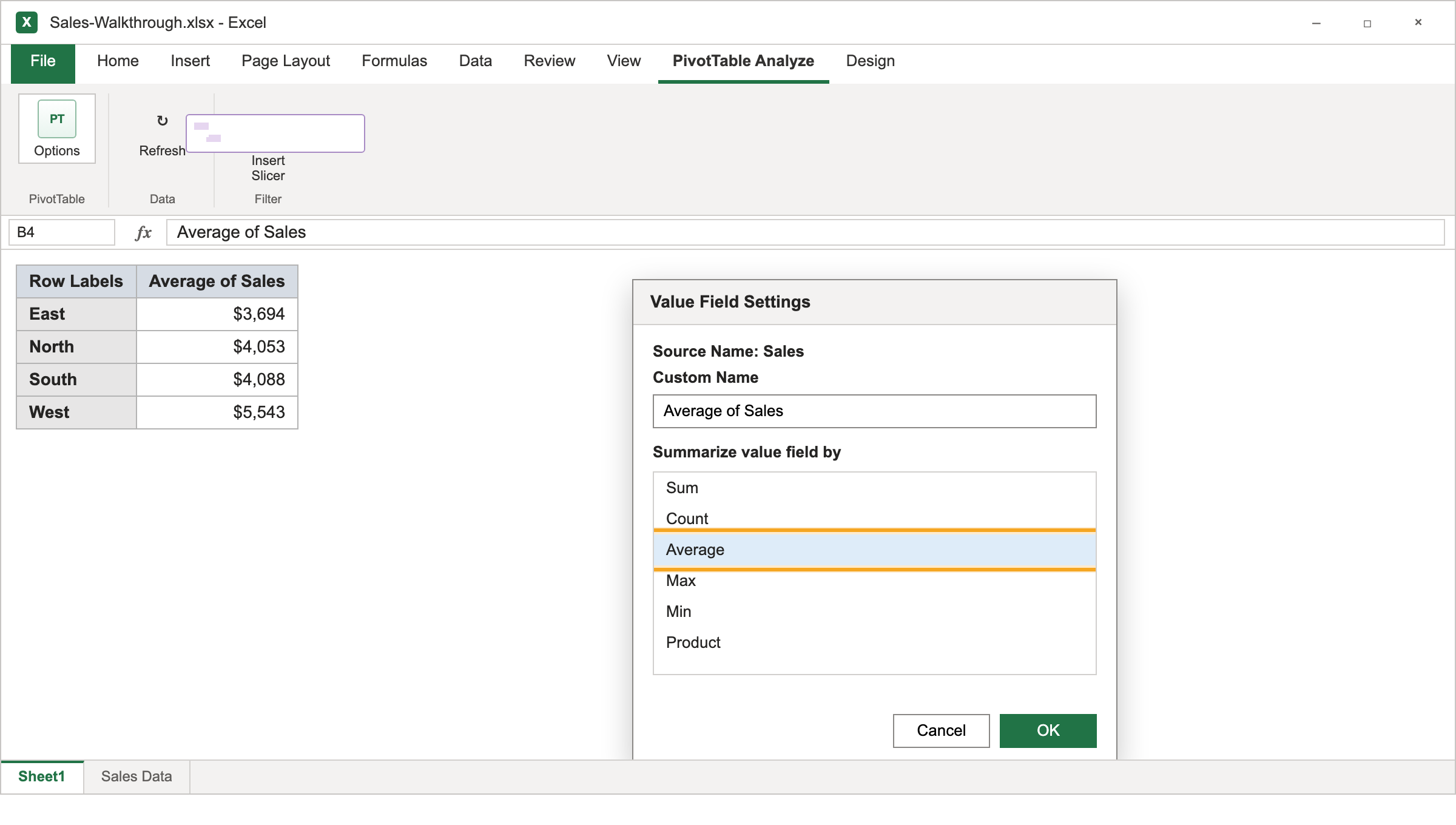 Excel Value Field Settings dialog with Average selected, and the resulting pivot table showing average sales by region