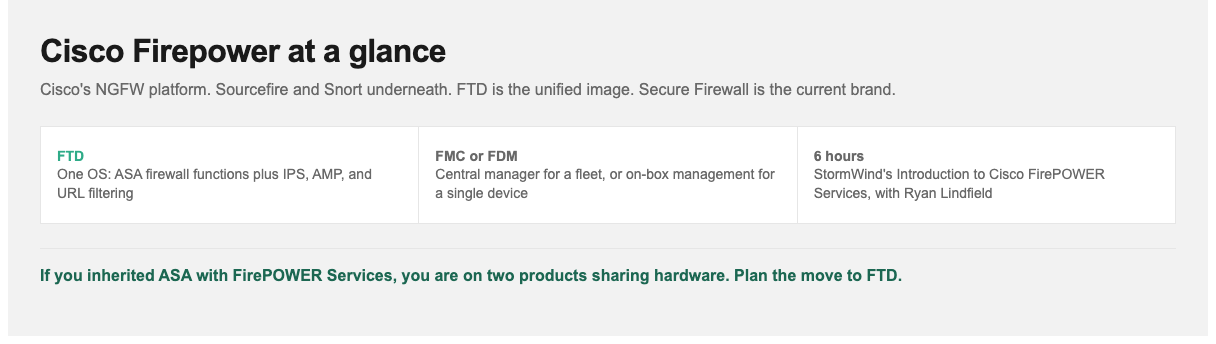 Cisco Firepower at a glance: FTD, FMC or FDM, and StormWind's 6-hour FirePOWER Services course