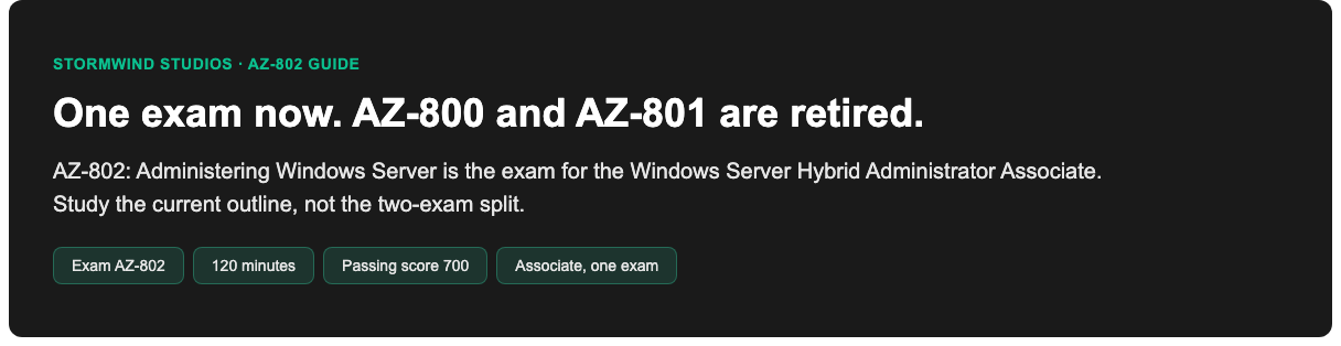 AZ-802 replaces retired AZ-800 and AZ-801 as the single Windows Server Hybrid Administrator exam