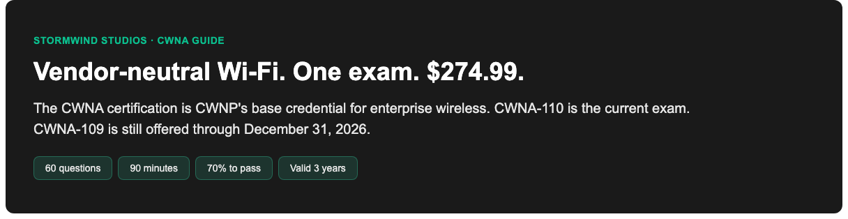 CWNA certification: $274.99, 60 questions, 90 minutes, 70 percent to pass, valid 3 years